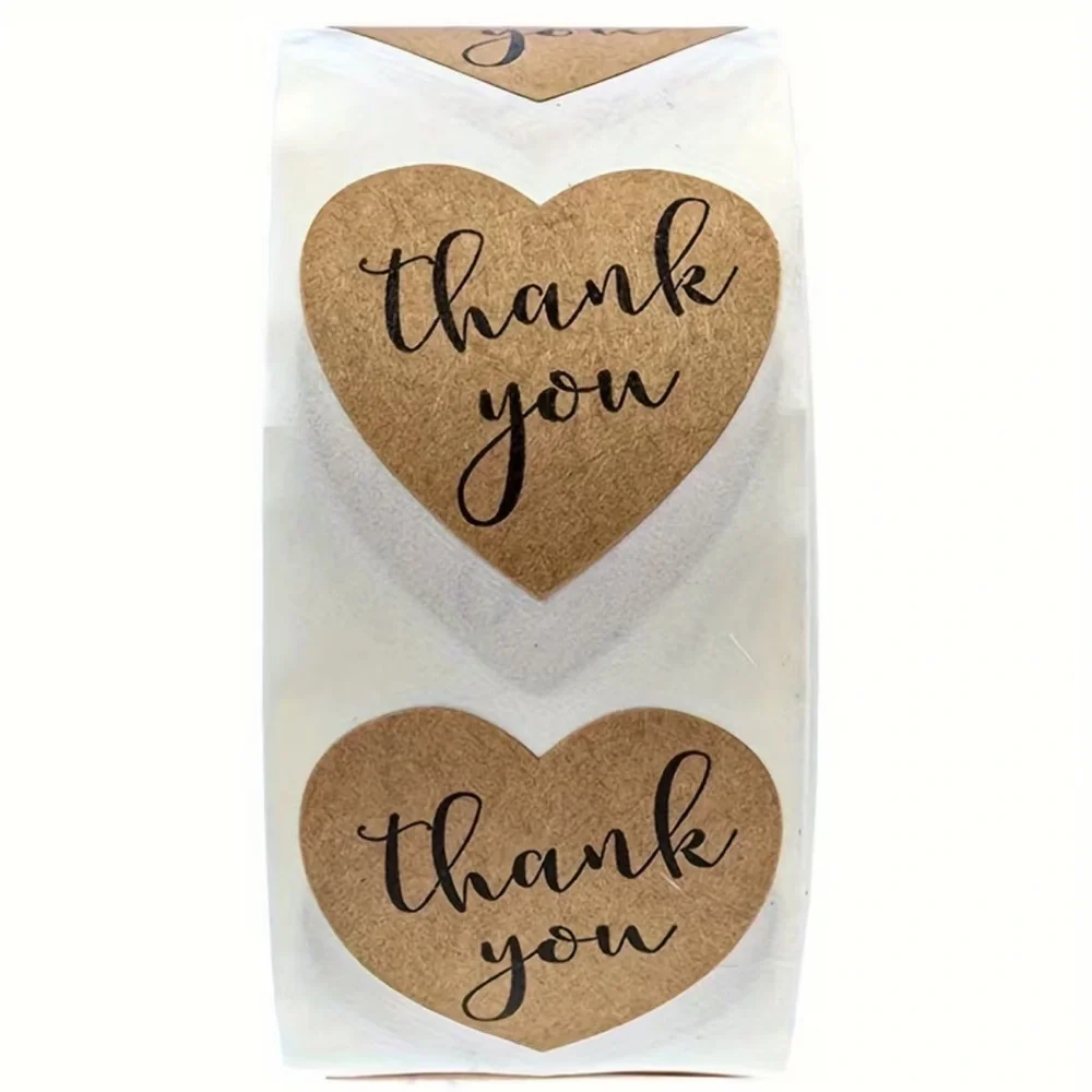 500 qty 1 inch Heart-Shaped Thank You Kraft Sticker Roll Brown New